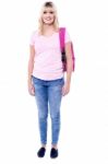 Pretty Woman With Pink School Bag Stock Photo