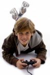 Smiling Boy With Joystick Stock Photo