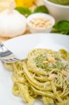 Italian Traditional Basil Pesto Pasta Ingredients Stock Photo