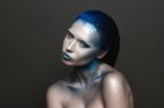 Art Makeup With Blue Hair And Rhinestones Stock Photo