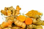 Turmeric (curcuma Longa L.) Root And Turmeric Powder Stock Photo