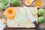 Lemonade In Glass On Wood Table Stock Photo