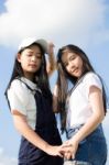 Two Asia Thai High School Student Best Friends Beautiful Girl Smile And Funny Stock Photo