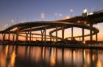 Night View Of Bhumibol Bridge In Thailand, Also Known As The Industrial Ring Road Bridge Stock Photo