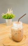 Iced Cofee Mocha Drink Serving On Wooden Table Stock Photo