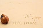 Inscription Of The Word Holiday And Palm Tree Under The Sun Draw Stock Photo