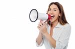 Woman With Loudspeaker Isolated On White Stock Photo