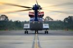 Offshore Helicopter Is Taxing To Runway For Departure Stock Photo