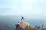 Instagram Filter Young Man Asia Tourist At Mountain Is Watching Over The Misty And Foggy Morning Sunrise, Travel Trekking Stock Photo