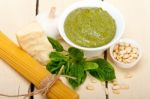 Italian Traditional Basil Pesto Pasta Ingredients Stock Photo