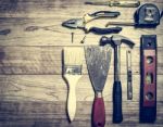 Set Of Tools Over A Wood Background Stock Photo