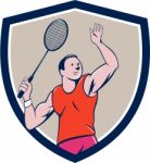 Badminton Player Racquet Striking Crest Cartoon Stock Photo