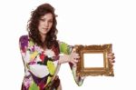 Woman Holding An Picture Frame Stock Photo