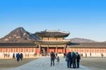 Seoul, South Korea - January 17: Tourists Taking Photos Of The Beautiful Scenery Around Gyeongbokgung Palace On January 17, 2015 In Seoul, South Korea Stock Photo