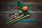 Egg And Spices On Wooden Stock Photo