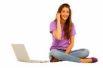 Smiling Teenage Girl With Laptop Stock Photo