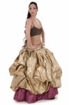 Beautiful Blond Belly Dancer In Golden Costume Dancing Stock Photo