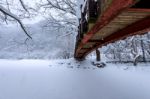 Snow Falling In Park And A Walking Bridge In Winter, Winter Landscape Stock Photo