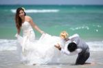 Happy Just Married Young Couple Celebrating And Have Fun At Beau Stock Photo