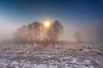 Moonlight In The Winter Night. Fog And Mist On Snowy Winter Rive Stock Photo