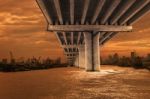 Bridge Over River With Dusky Sky Scene Stock Photo