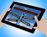 Languages Tablet Means English Chinese Spanish And French Stock Photo