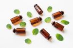 Mint Essential Oil In A Glass Bottle With Leaves On White Backgr Stock Photo