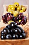 Variety Of Green, Black And Mixed Marinated Olives Stock Photo