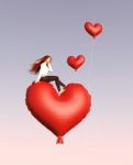 Girl Sitting On Red Heart Balloon,3d Illustration Stock Photo