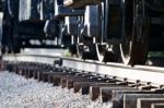The Photo Of The Moving Train Wheels Stock Photo