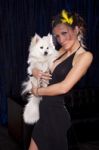 Young Widow Woman In Sexy Black Dress Hold In Hands White Dog An Stock Photo