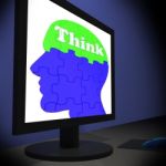 Think On Brain On Monitor Shows Human Solving Stock Photo