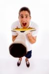 High Angle View Of Male Showing Racket Stock Photo