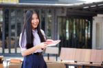 Asia Thai High School Student Uniform Beautiful Girl Read A Book Stock Photo