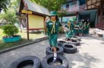 Student 9-10 Years Old, Scout In Adventure Activities, Scout Camp School Bangkok Thailand Stock Photo