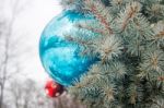 Two Christmas Bals On The Christmas Tree Stock Photo