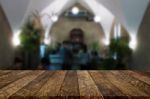 Selected Focus Empty Brown Wooden Table And Coffee Shop Or Resta Stock Photo