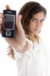 Young Woman Showing Cell Phone Stock Photo