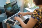 Woman Working With Laptop Computer Stock Photo