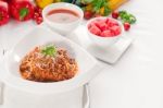 Spaghetti With Bolognese Sauce With Gazpacho Soup And Fresh Vege Stock Photo