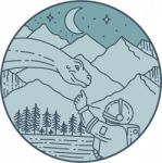 Astronaut Brontosaurus Moon Stars Mountains Circle Mono Line Stock Photo