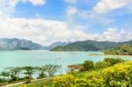 Scenic Point Of Green Lake At Ratchaprapha Dam Stock Photo