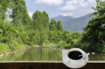 Isolated Hot Coffee Put A Glass Of White With A Casual Break From Work  Background Waterfall With Clipping Path Stock Photo