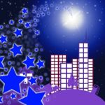 City Star Indicates Full Moon And Cityscape Stock Photo