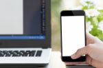 Mockup Phone In Woman Hand On Desk Stock Photo