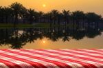 Outdoor Picnic Background With Sunrise And Landscape Lake View Stock Photo