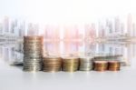 Group Of A Row Of Stack Money Coins Stock Photo