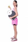 Fitness Freak Woman Holding Measuring Scale Stock Photo