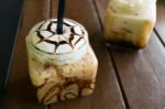 Coffee, Iced Coffee Mocha On Table Wood In Cafe Stock Photo