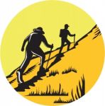 Hikers Hiking Up Steep Trail Circle Woodcut Stock Photo